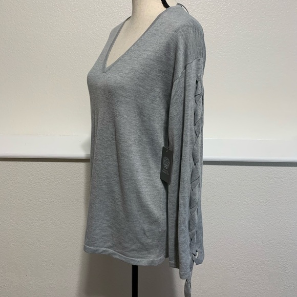 Vince Camuto Lace Up Bell Sleeve Gray Sweater - Picture 4 of 6
